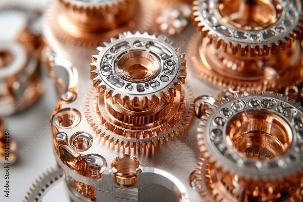 Poster intricate clockwork mechanism, rose gold and silver gears interlock precisely.