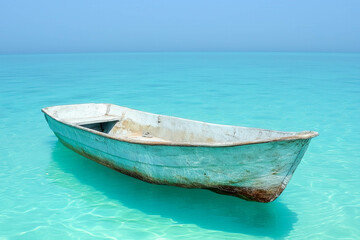 Naklejka premium Serene white boat on crystal clear turquoise sea under blue sky