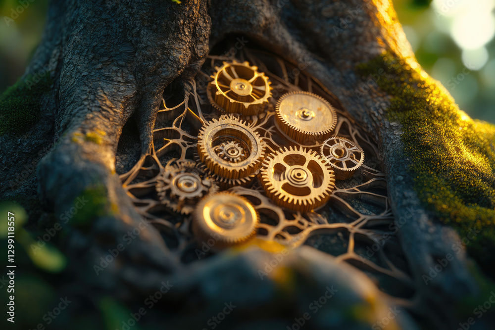 Poster golden gears nestled within a tree's roots, symbolizing nature's intricate mechanisms.