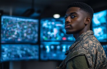 African American Military Officer at Air Base Command Center with High-Tech Uniform