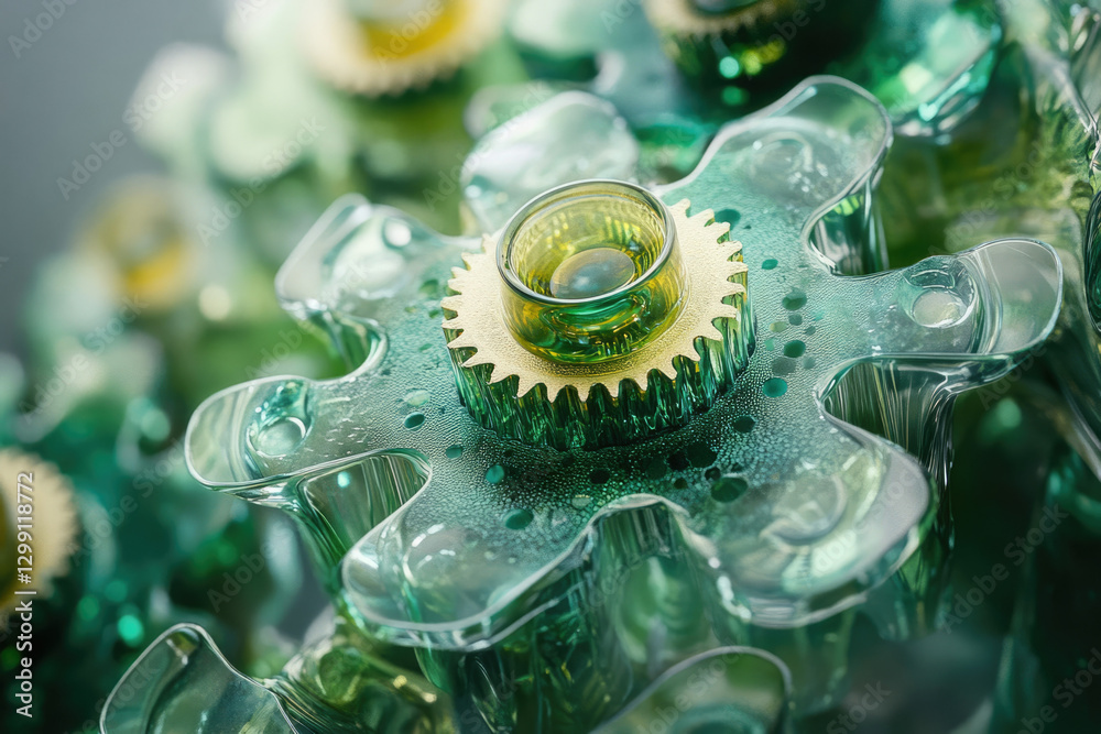 Poster intricate green glass gears interlock, showcasing precision engineering and complex mechanics.