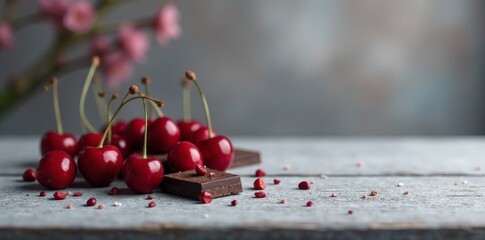 A delectable arrangement of ripe cherries and dark chocolate on a rustic wooden surface, enhanced by a delicate scattering of pink peppercorns.