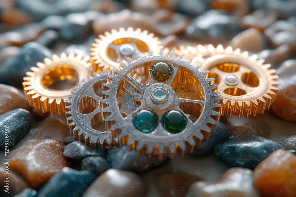Poster interlocking gears, metallic and golden, rest on smooth stones, symbolizing teamwork and precision.