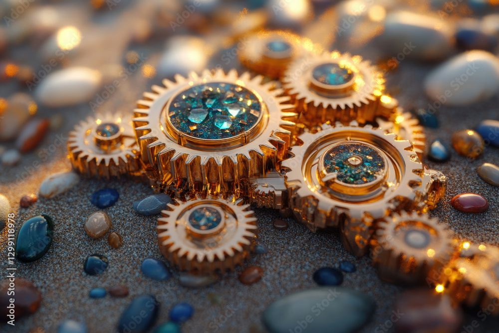 Poster interlocking golden gears adorned with teal gemstones rest on a sandy surface.