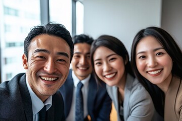 Group asian of four young professionals enjoying a moment of camaraderie in a bright office during a busy workday