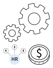 Gears representing process optimization, HR network model connecting people, and coin symbolizing financial investment. Ideal for HR, payroll, teamwork, efficiency, recruitment, business abstract
