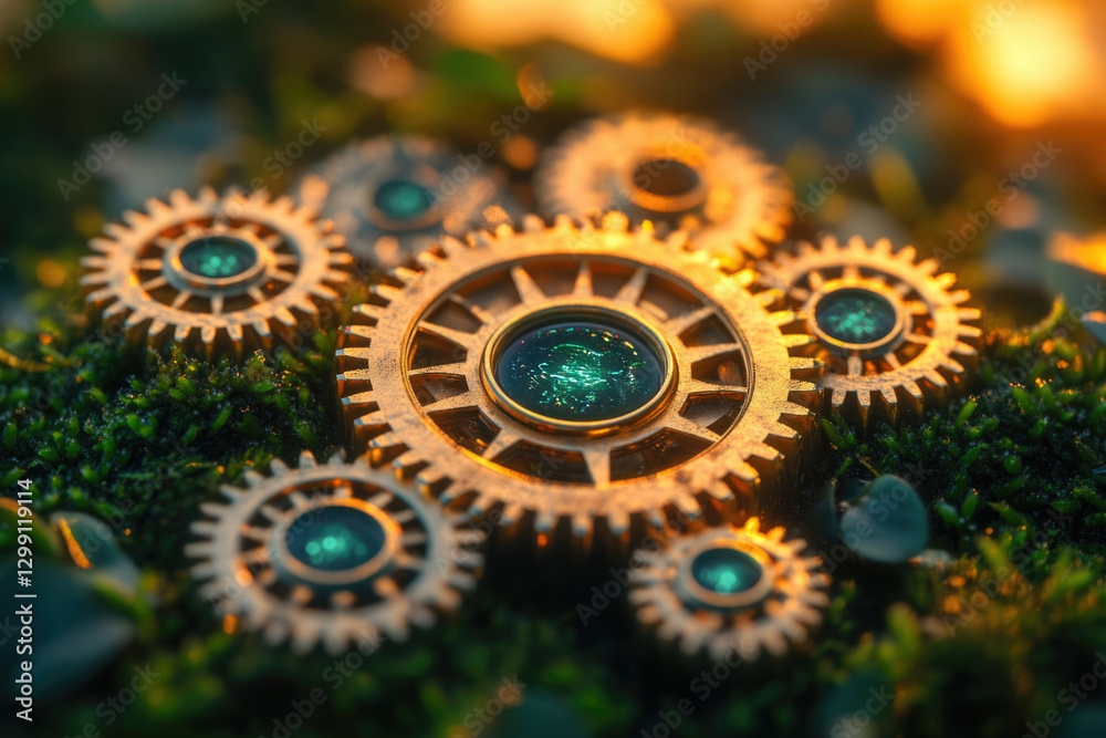 Poster interconnected golden gears with glowing centers rest on lush green moss, symbolizing intricate syst