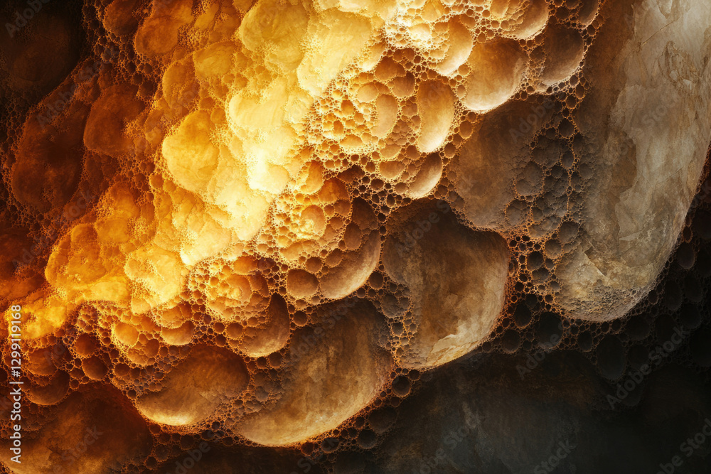 Poster abstract image of golden, bubbly texture resembling a celestial landscape or volcanic surface.