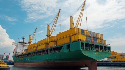 Fototapeta premium Export cargo loading process on freight ship at port industrial viewpoint transportation scene