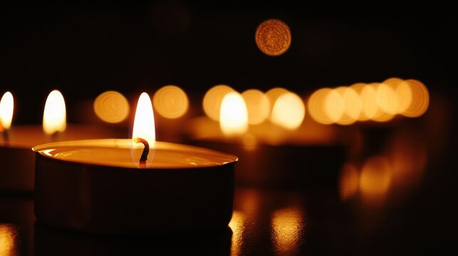 A serene glow from a row of lit tealight candles, creating a warm and inviting atmosphere.