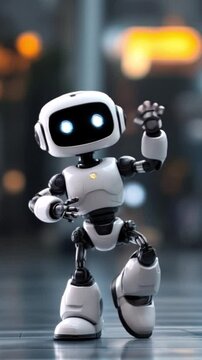 A cute robot is dancing in front of the camera, waving its hand, hello