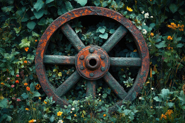 A rusty, old wooden wheel nestled amongst lush green foliage and vibrant wildflowers.