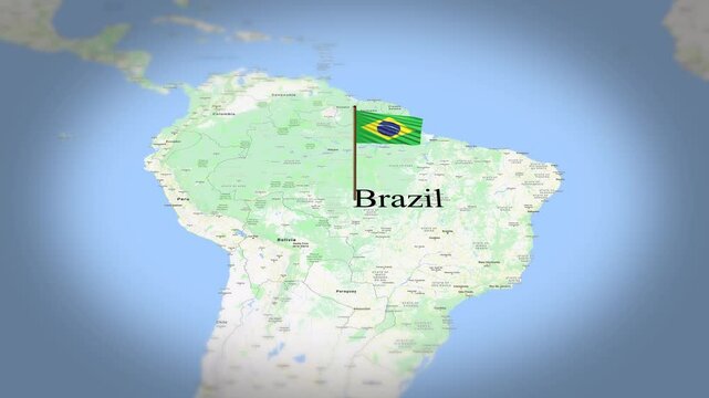 Brazil flag showing on world map with 3d rendering