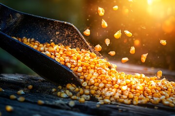 Bright golden corn kernels cascade from a scoop, illuminated by gentle sunlight, creating a warm and vibrant display.