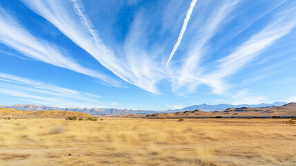 Fototapeta premium Expansive desert landscape with train and dramatic sky in arid region
