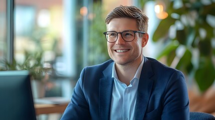 Obraz premium Smiling businessman in glasses, sitting in a modern office, wearing a blue suit and light blue shirt.