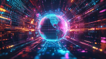 Digital representation of Earth surrounded by colorful data streams during a technological event showcasing the future of connectivity