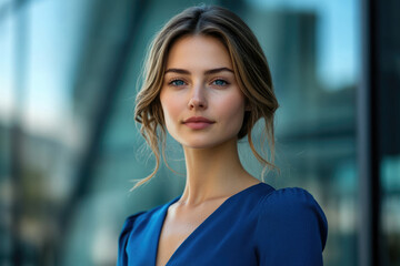 Fototapeta premium Portrait of a young woman with light brown hair and blue eyes, wearing a blue dress.
