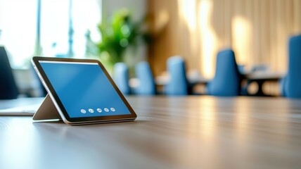 Smart meeting room hot desk. A sleek tablet stands on a wooden table in a modern workspace, with a blurred background of chairs and natural light.