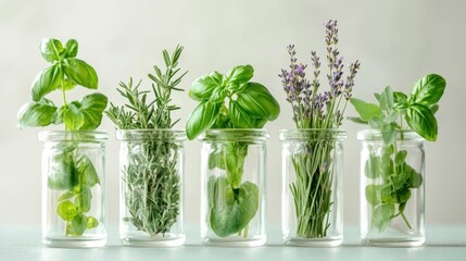 Five jars of fresh herbs including basil, rosemary, and lavender, arranged on a soft green background.