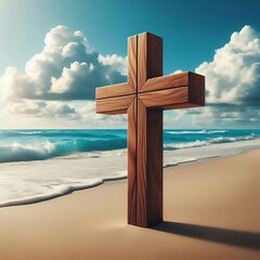 Croix au bord de l'océan - Symboles de foi sur plage au coucher du soleil