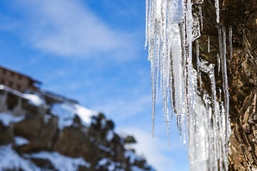 Long icicles in Meteora, Greece.