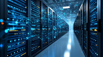 Data Center Server Racks In Blue Light And Modern Technology Environment