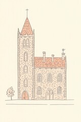 Obraz premium Pixelated Beige Stone Church with a Tall Tower Illustration Image Architecture Design Illustration Drawing Sketch Minimalist Simple Lines Shapes Exterior Facade Vintage Style Graphic Art Vector Image