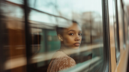 Woman gazes thoughtfully out the window of a moving train during a serene afternoon journey. Generative AI