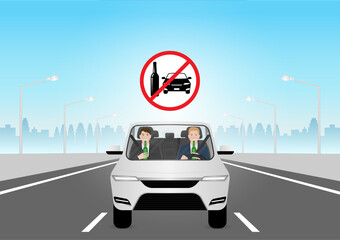 Man Drinking Alcohol While Driving a Car. Do Not Drink and Drive. Vector Illustration. 
