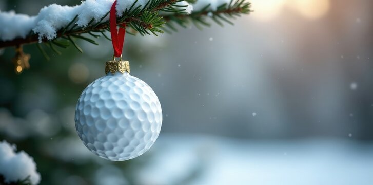 White golf ball ornament hanging from a red ribbon in winter branch, Winter decorations, Golf balls, Holiday decor