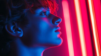 Fototapeta premium Capturing the essence of youth under neon light with striking colors and intense expression
