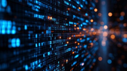 Digital data flow through a futuristic network with glowing blue and orange elements in a high-tech environment