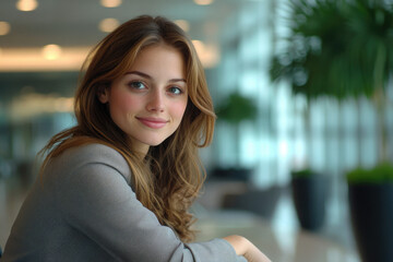 Fototapeta premium A young woman with long brown hair smiles gently in a modern setting.