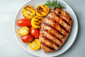 Grilled chicken breast with roasted vegetables and rosemary garnish