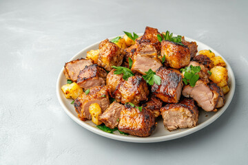 Grilled pork belly with pineapple and herbs on a plate