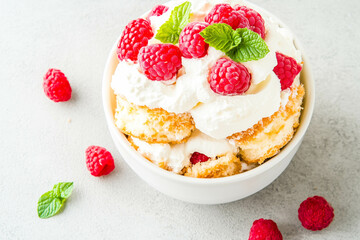 Refreshing raspberry trifle with whipped cream and mint garnish on white background