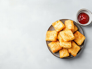 Crispy tofu bites with spicy ketchup dip on light background
