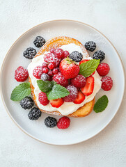 Delicious berry-topped french toast with fresh mint garnish on white plate