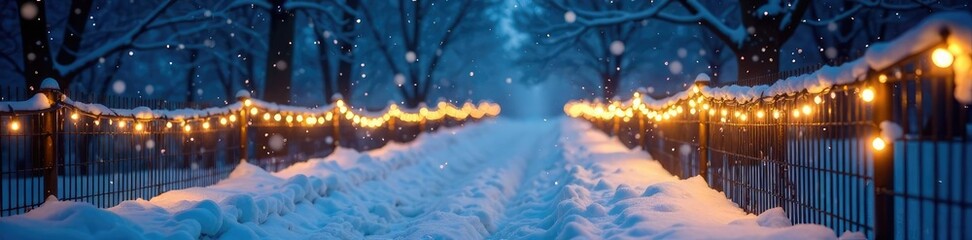 Fototapeta premium Winter snowfall with twinkling blue lights on a golden fence, winter scene, cozy atmosphere, holiday lights