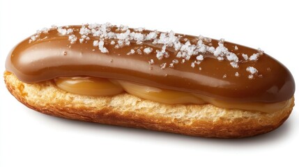 Photorealistic eclair, chocolate glaze, vanilla custard filling, sprinkled sea salt, golden pastry, close-up, studio lighting,