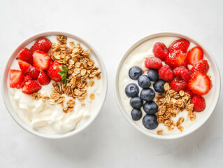 Fresh berry yogurt bowls with granola toppings on white background