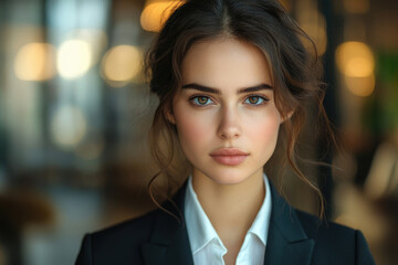 Naklejka premium A young woman with brown hair styled in a messy bun, wearing a black blazer and white shirt, looks directly at the camera.