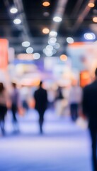 Obraz premium Blurred image showing people walking through a brightly lit exhibition space