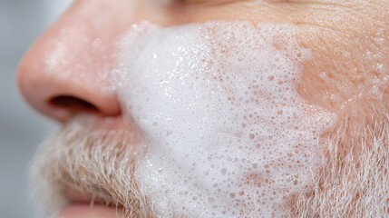 Fototapeta premium Mature man with a grey beard applies white cleansing foam to his cheek during a morning skincare routine.