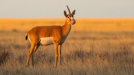 Naklejka premium Rare Saiga Antelope standing in the vast grasslands its distinctive bulbous nose and slender legs highlighted by the warm golden hues of the setting sun