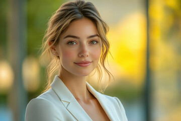 A young woman with blonde hair, wearing a white blazer, smiles softly against a blurred, golden background.