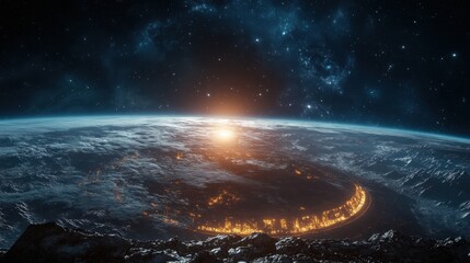 Fototapeta premium A sweeping view of a distant civilization’s megastructure, lit up against the countering darkness of space