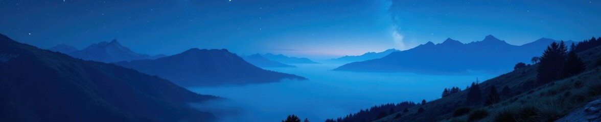 Blue starlight casting an ethereal glow on misty mountainside, ethereal, mountain side
