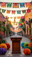 Fototapeta premium Cinco de Mayo product display background podium, Papel Picado Celebration, vibrant papel picado banners, festive Mexican street, warm sunset, colourful decorations, ad podium platform, product present